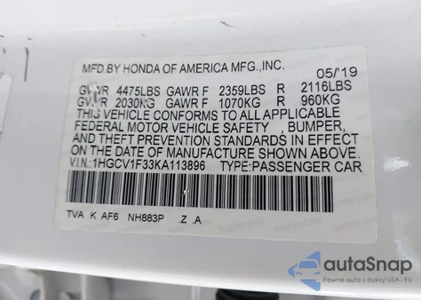 2019 Honda Accord Sport from USA, damaged, VIN 1HGCV1F33KA113896